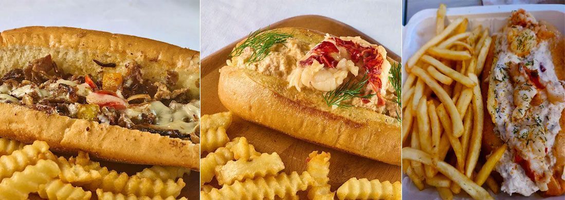 There are three different types of sandwiches and french fries.