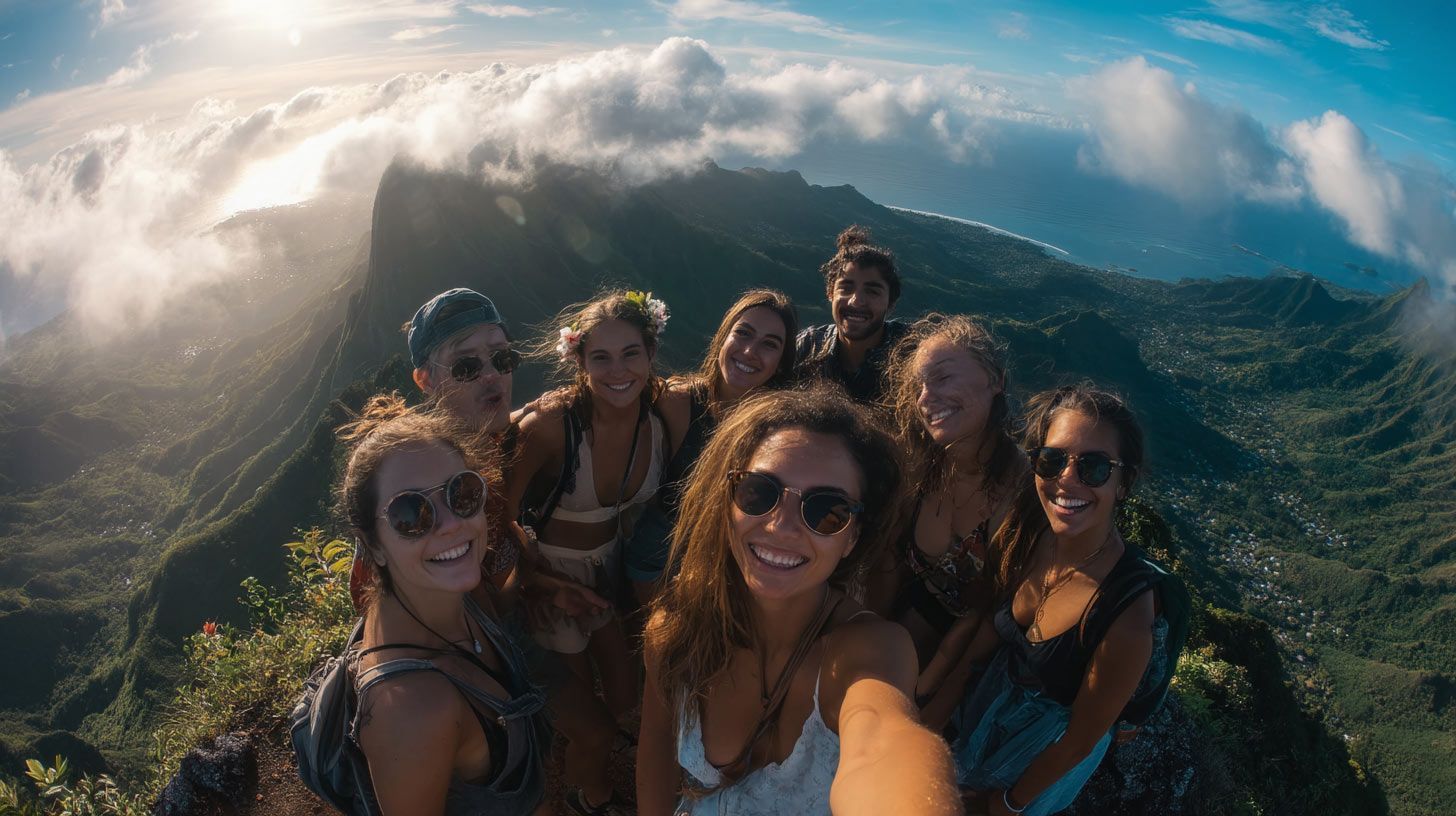 Group of friends taking a selfie on a mountain peak overlooking a lush, tropical landscape with clou…