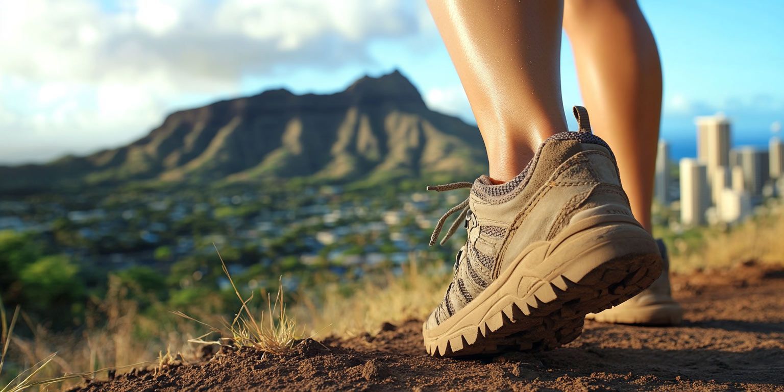 Hiker's feet with a view of a mountain and city skyline. Hiking in brown boots, with blurred green a…