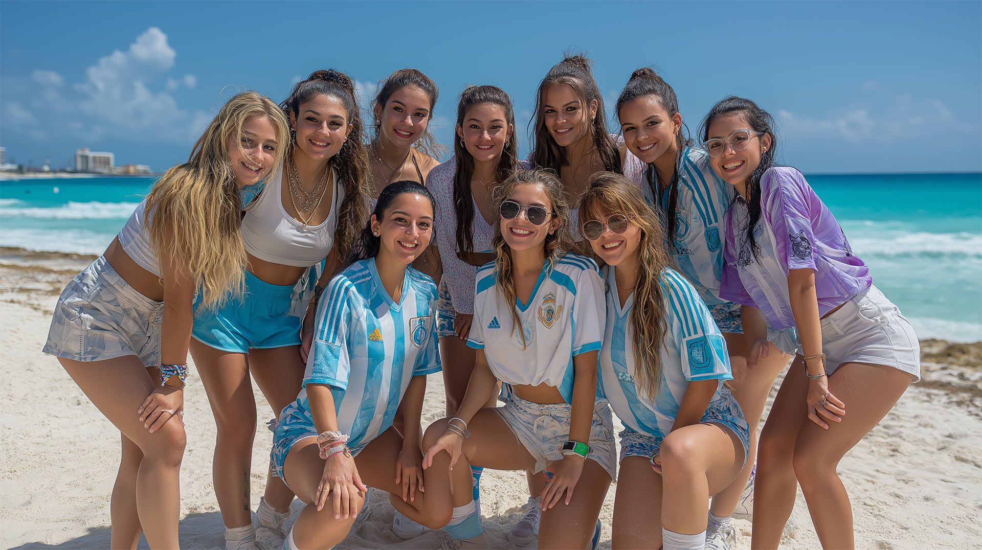 Group of young women posing on a beach, some in Argentine soccer jerseys, bright sky and ocean in ba…