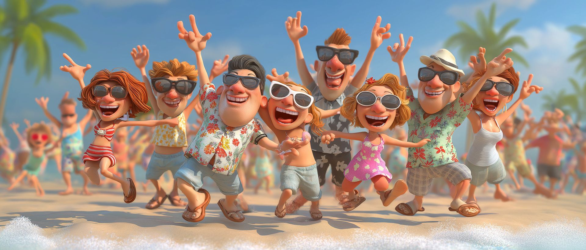 Cartoon people celebrate on a beach, arms raised, wearing sunglasses and tropical attire. Blue sky,…