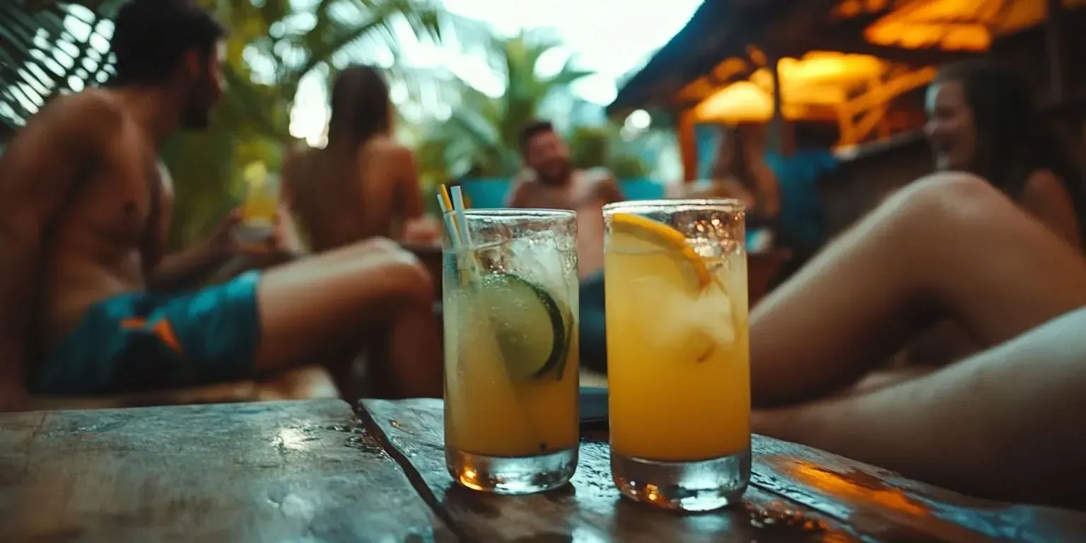 Two drinks are sitting on a table with people in the background.