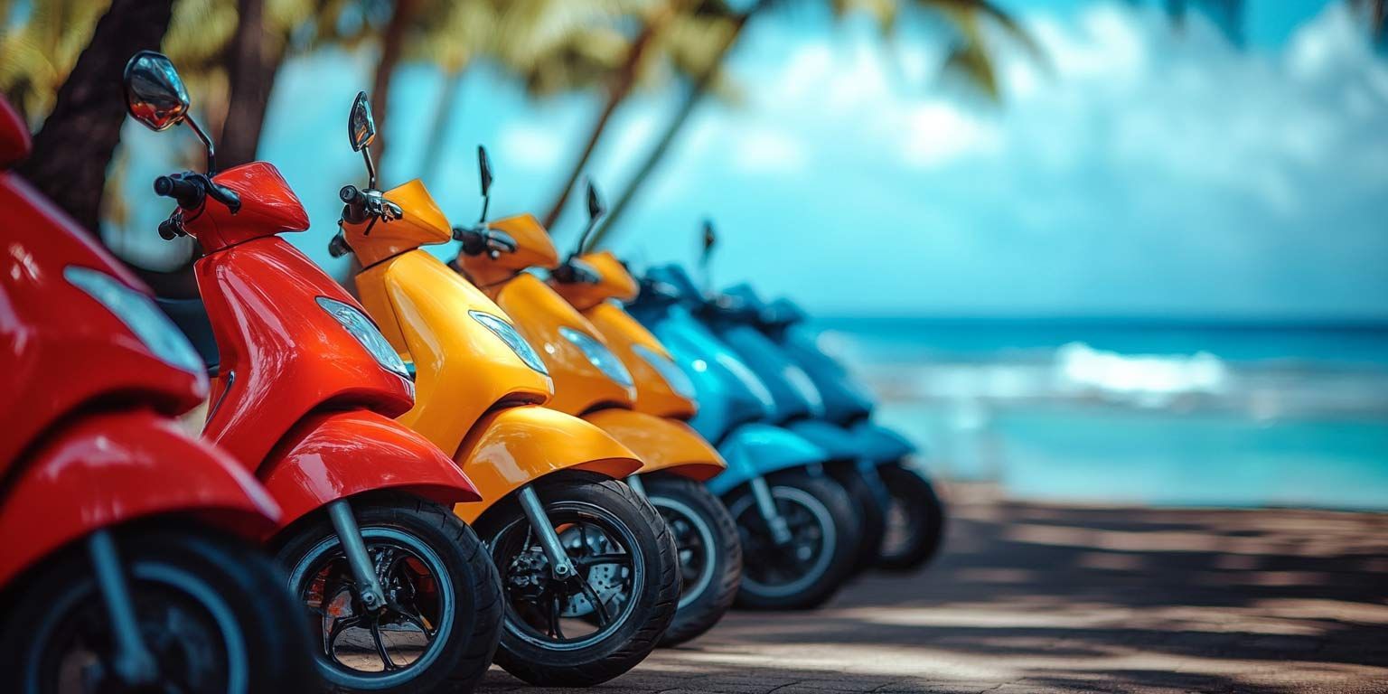 A row of colorful scooters are parked on the beach.
