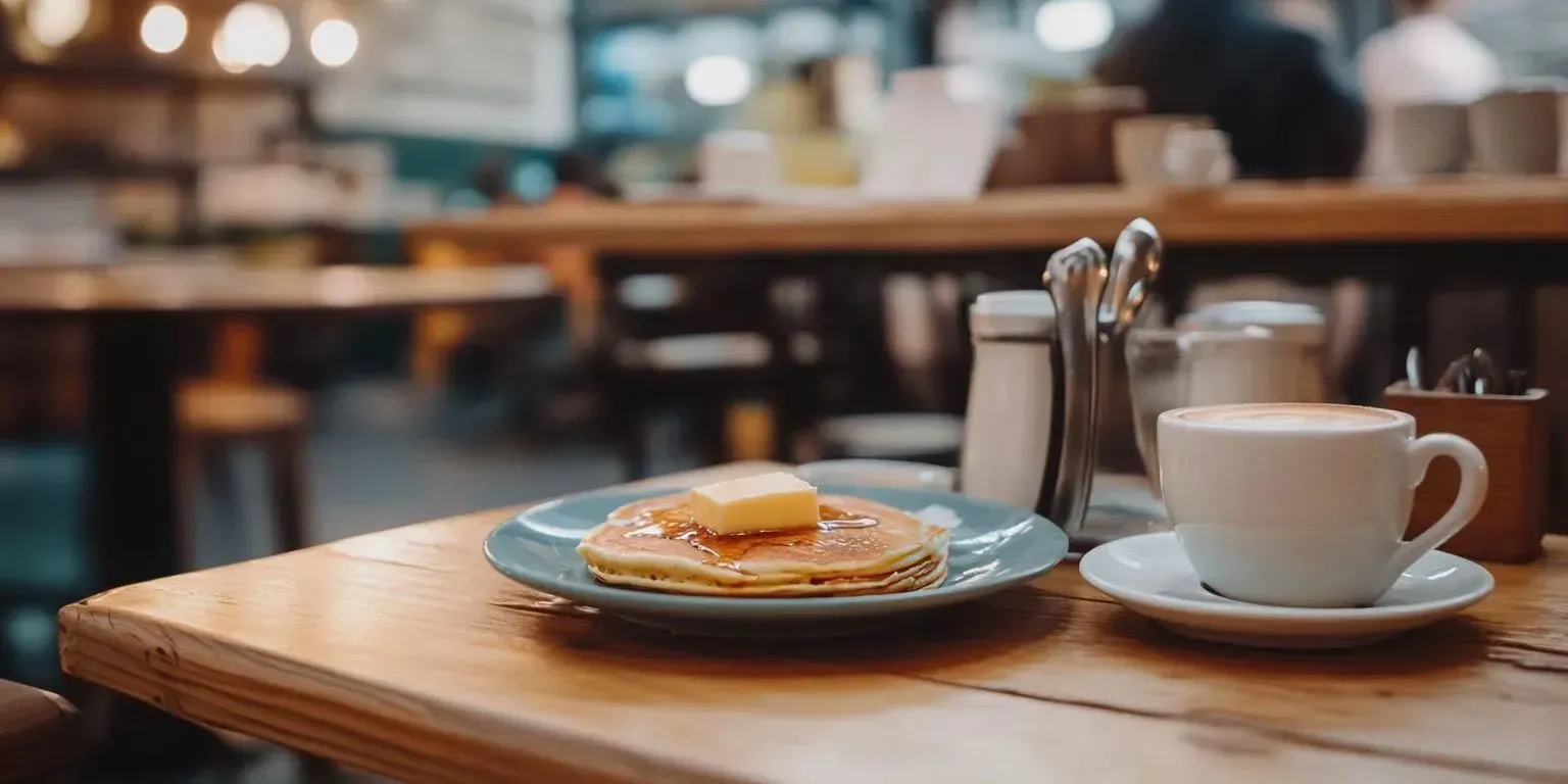 カフェの木のテーブルに置かれたバター付きのパンケーキとコーヒー。