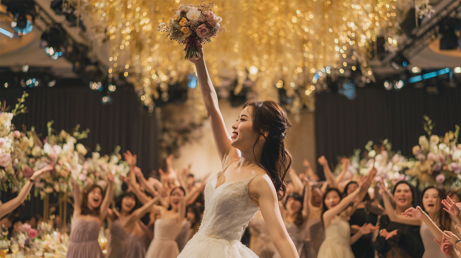 Bride throwing bouquet at wedding, surrounded by bridesmaids, gold and pink decor.