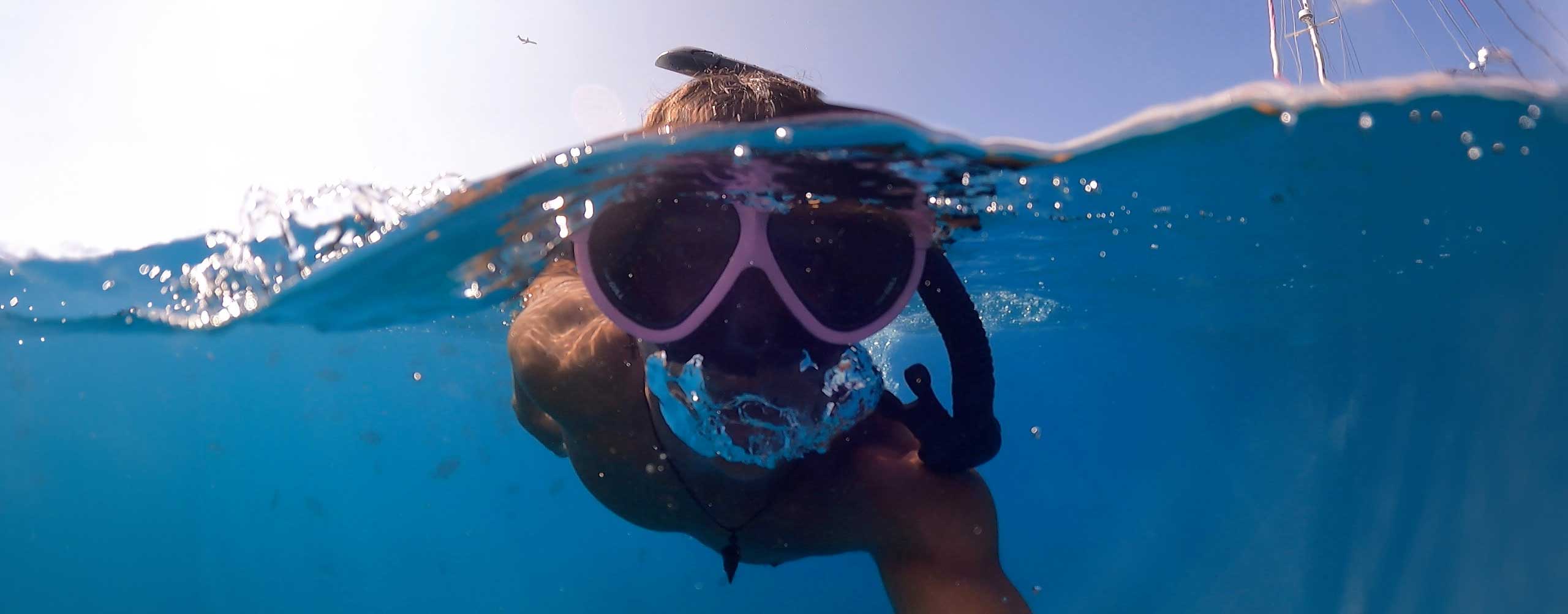 Snorkeler with a Hawaiian green sea turtle off Waikiki with Pink Sails