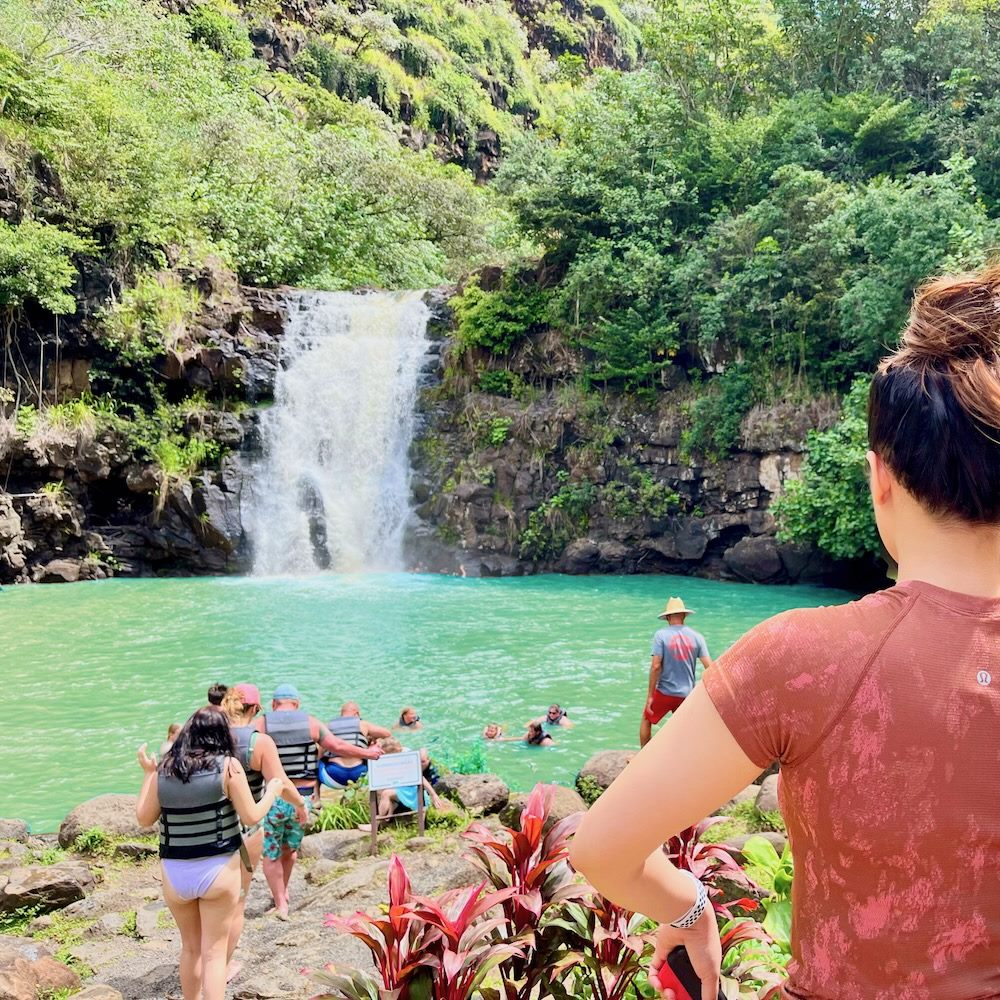 Waimea Valley waterfall and swimming pool on Oahu's North Shore